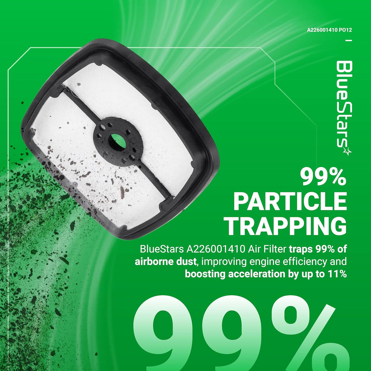 BlueStars A226001410 air filter replacement for Echo trimmers and blowers showing 99% particle trapping efficiency.