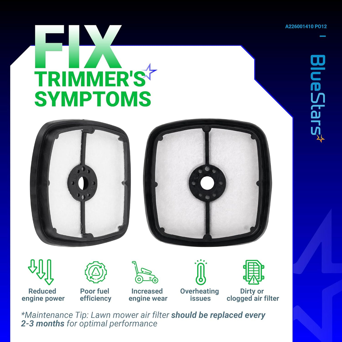Two replacement air filters for Echo trimmers and blowers with maintenance infographic showing symptoms of a dirty filter.