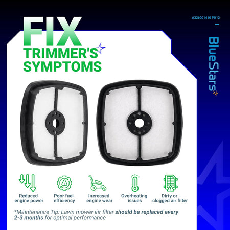 Two replacement air filters for Echo trimmers and blowers with maintenance infographic showing symptoms of a dirty filter.