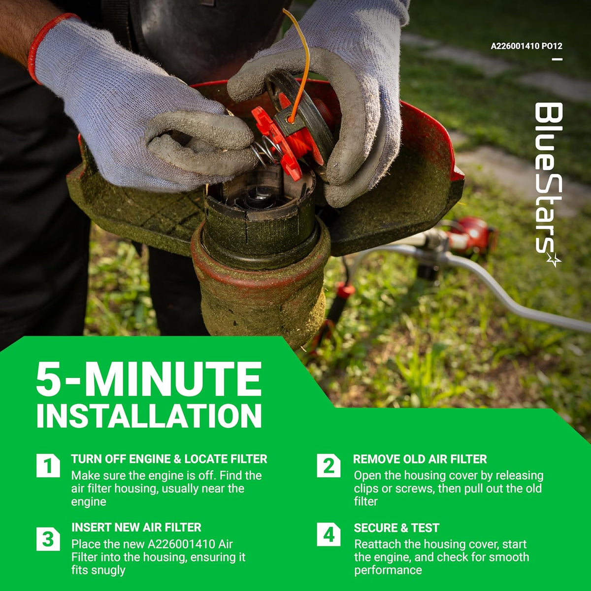 Instructional graphic showing the 5-minute installation process for an Echo trimmer air filter replacement.