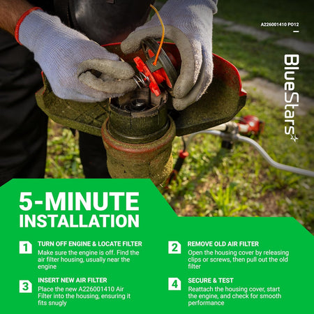 Instructional graphic showing the 5-minute installation process for an Echo trimmer air filter replacement.