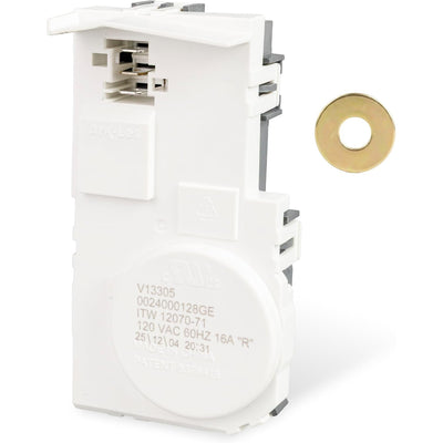 WH01X29528 GE washer door lock switch, front view with included round metal washer