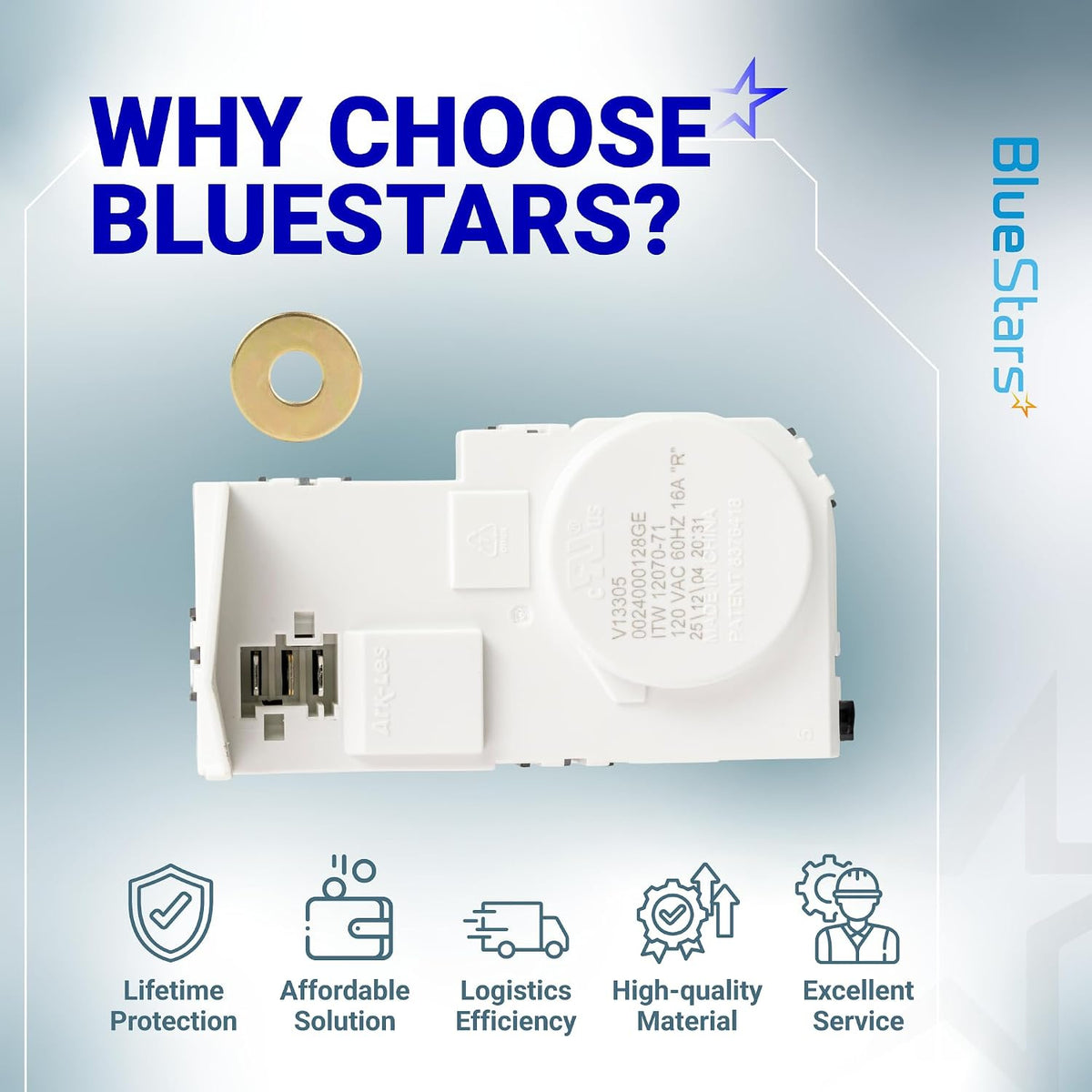 WH01X29528 Door Lock Switch shown with connector and ring-shaped piece in a BlueStars promotional graphic