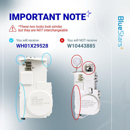 WH01X29528 GE washer door lock switch comparison graphic showing included part beside non-interchangeable W10443885