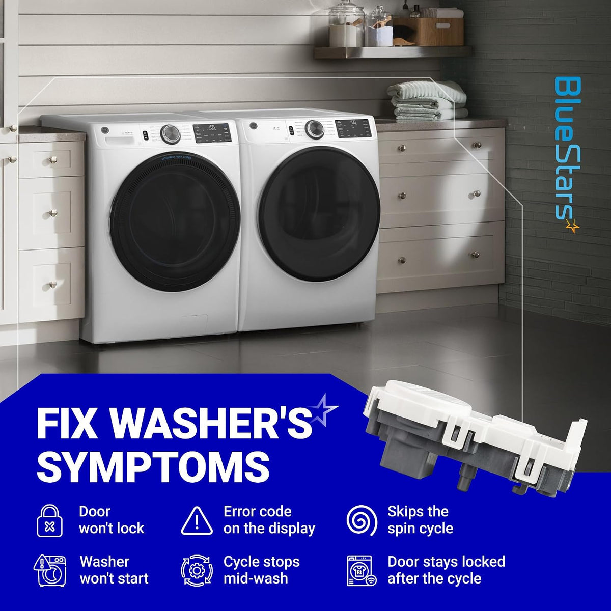 WH01X29528 GE Washer Door Lock Switch shown with washer symptom icons and front-load washers