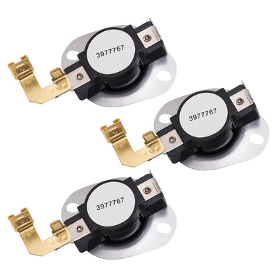 Set of three 3977767 dryer thermostat replacements for Whirlpool and Kenmore dryers.