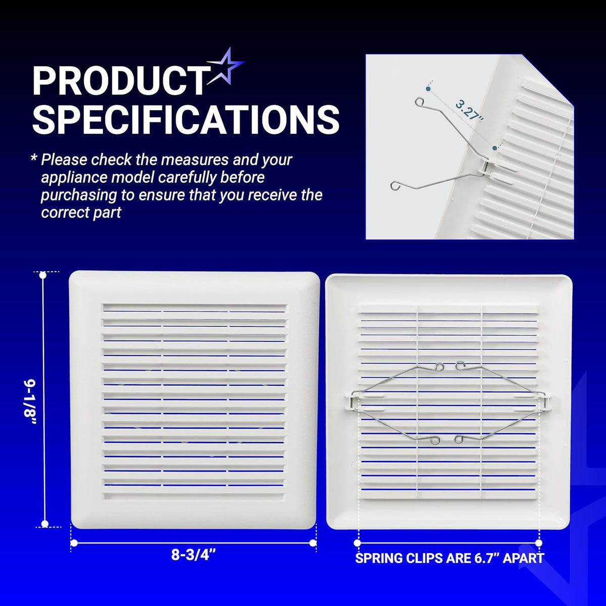 C350GN S97017068 bathroom ceiling fan grille showing dimensions and spring clip installation details.