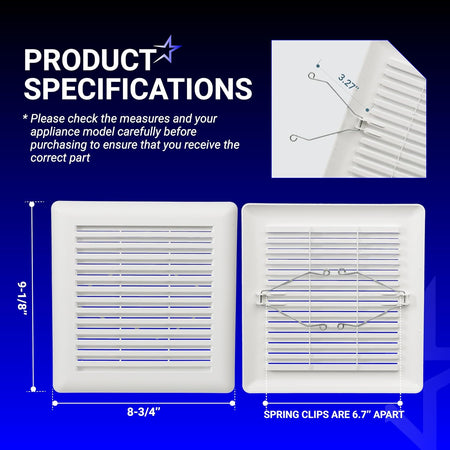 C350GN S97017068 bathroom ceiling fan grille showing dimensions and spring clip installation details.