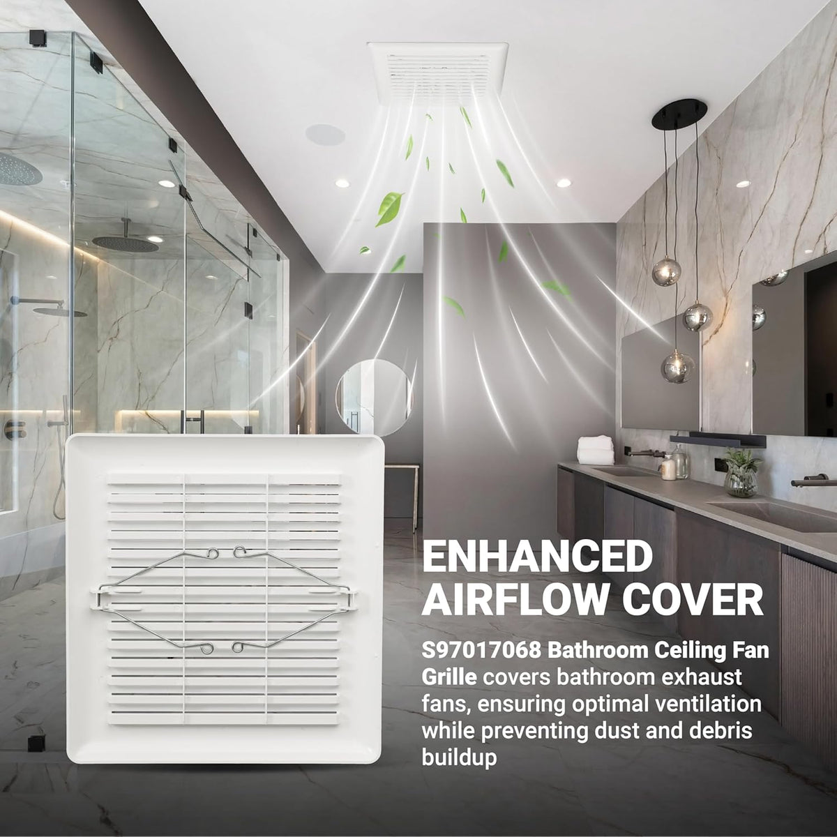 C350GN S97017068 bathroom ceiling fan grille with mounting springs shown in a modern bathroom setting.