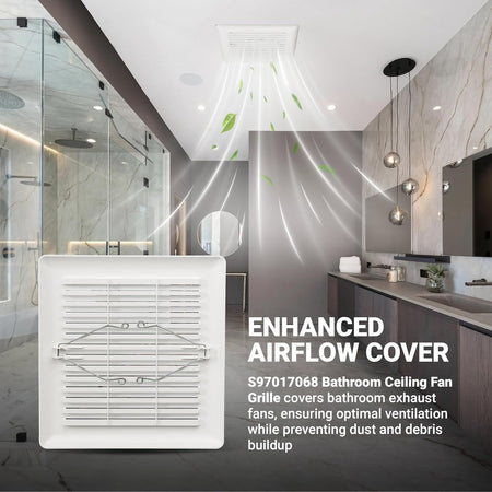 C350GN S97017068 bathroom ceiling fan grille with mounting springs shown in a modern bathroom setting.