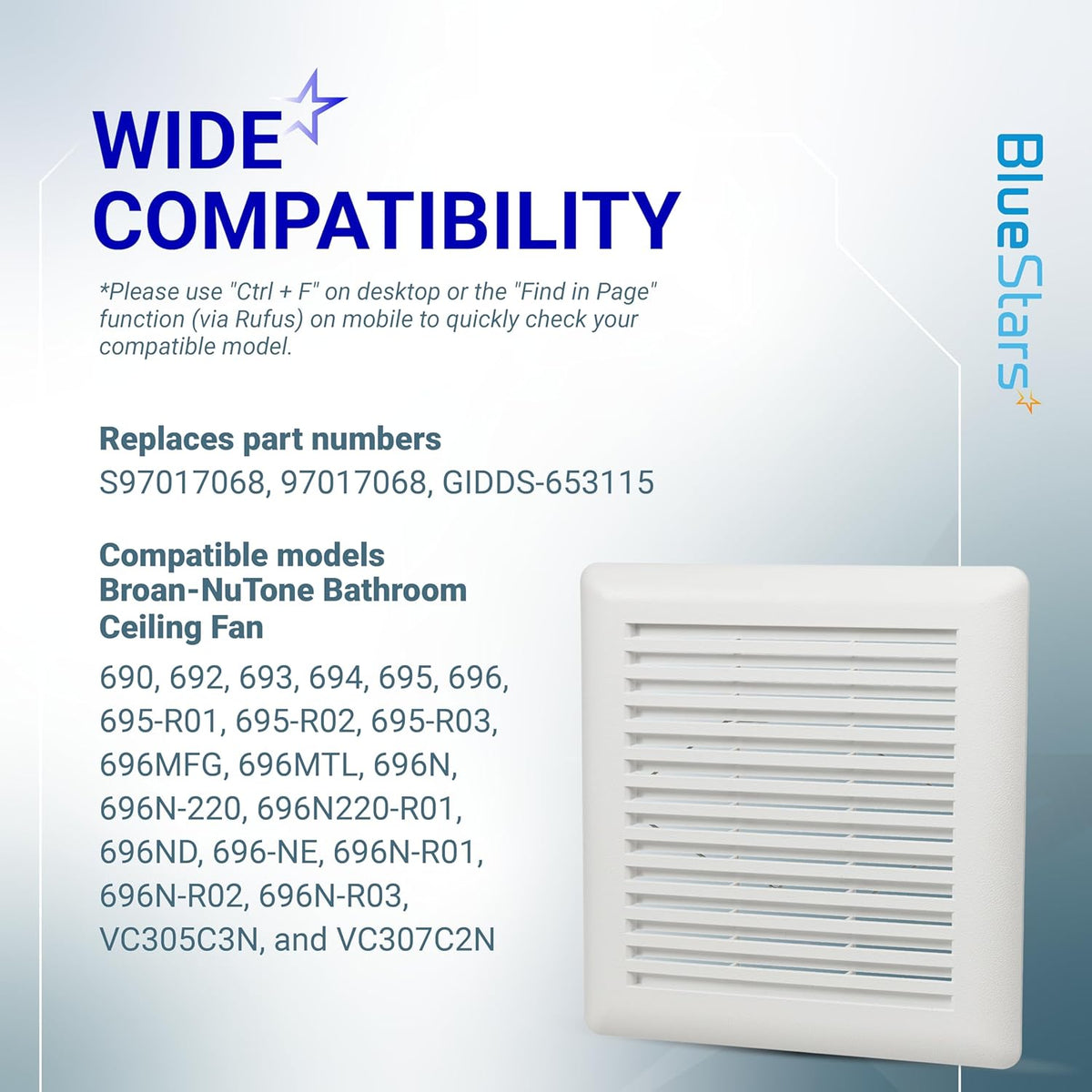 White bathroom ceiling fan grille replacement for Broan-NuTone models with compatibility chart.