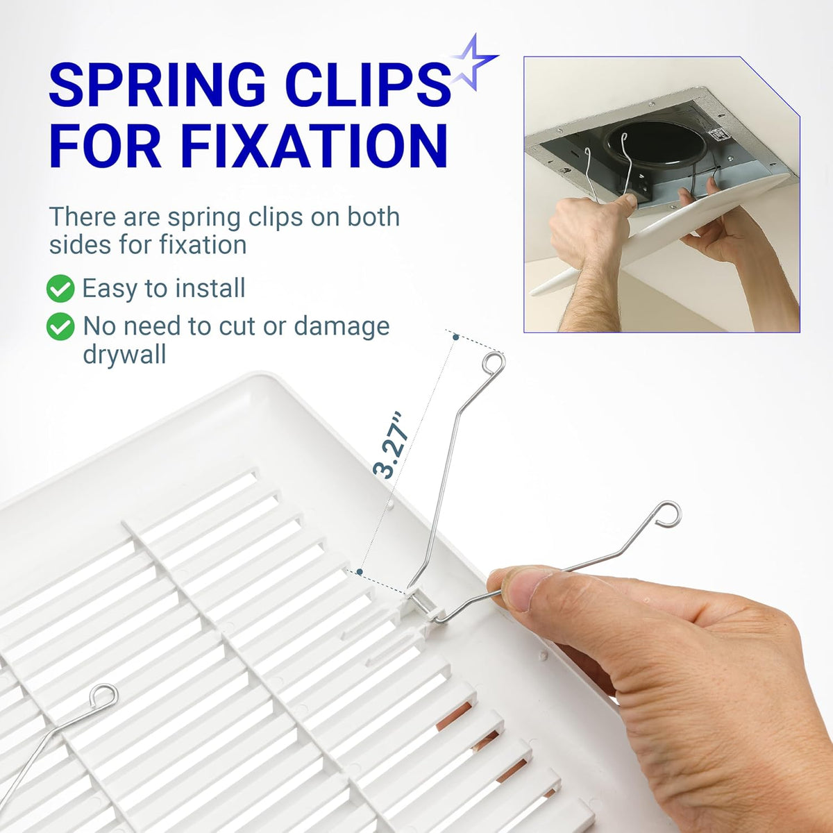 Close-up of C350GN bathroom ceiling fan grille showing 3.27-inch spring clip installation mechanism.