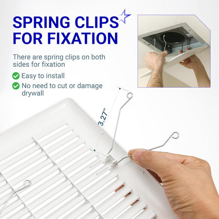 Close-up of C350GN bathroom ceiling fan grille showing 3.27-inch spring clip installation mechanism.