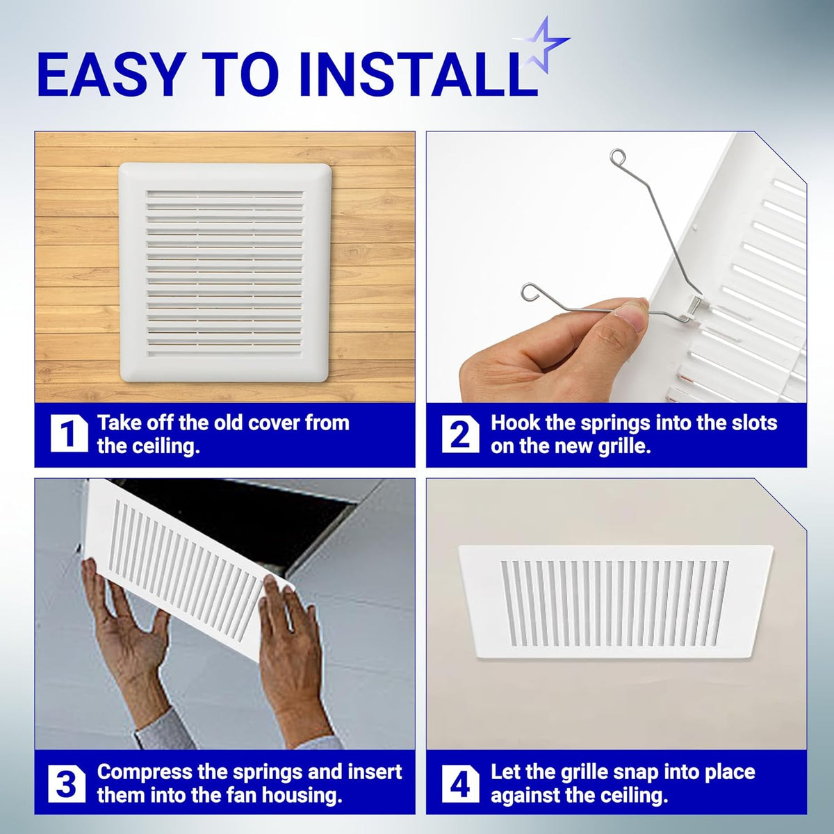 Four-step installation guide for C350GN S97017068 bathroom ceiling fan grille with springs.