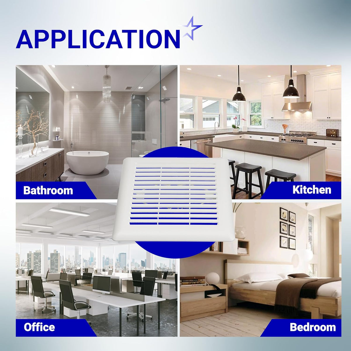 C350GN bathroom ceiling fan grille shown in a collage of bathroom, kitchen, office, and bedroom applications.