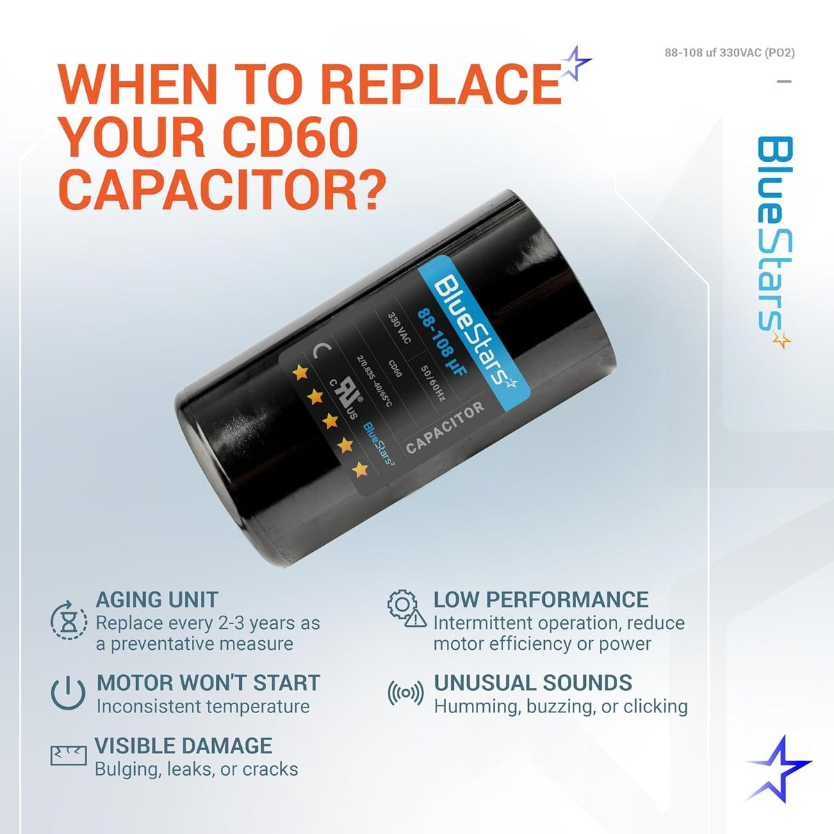 Infographic showing when to replace a CD60 88-108 uF 330 VAC motor start capacitor for pool and well pumps.