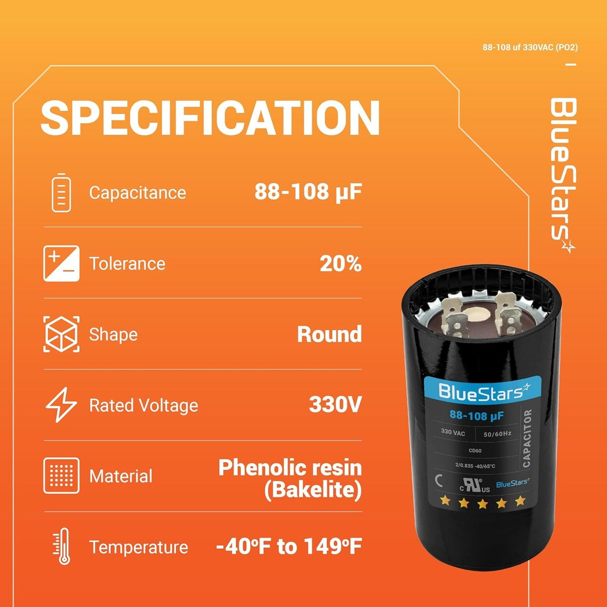 Specification chart for 88-108 uF 330 VAC CD60 round motor start capacitor for pool and well pumps.