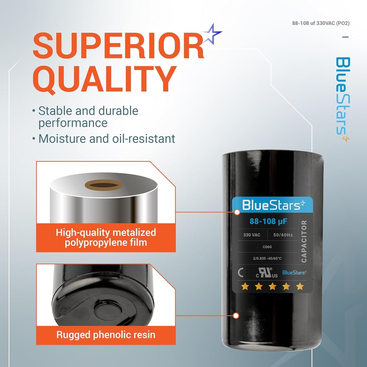 BlueStars 88-108 uF 330 VAC motor start capacitor infographic showing metalized film and phenolic resin construction.