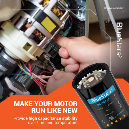 Hand installing a BlueStars 88-108 uF 330 VAC round motor start capacitor into a pump motor.