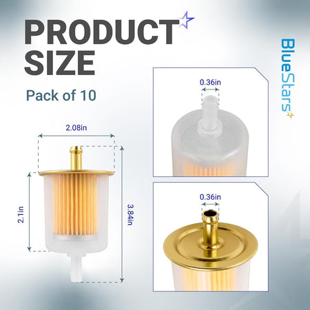 3/8" Universal Inline Fuel Filter (10-Pack), product size diagram with 2.08in, 2.1in, 3.84in and 0.36in dimensions