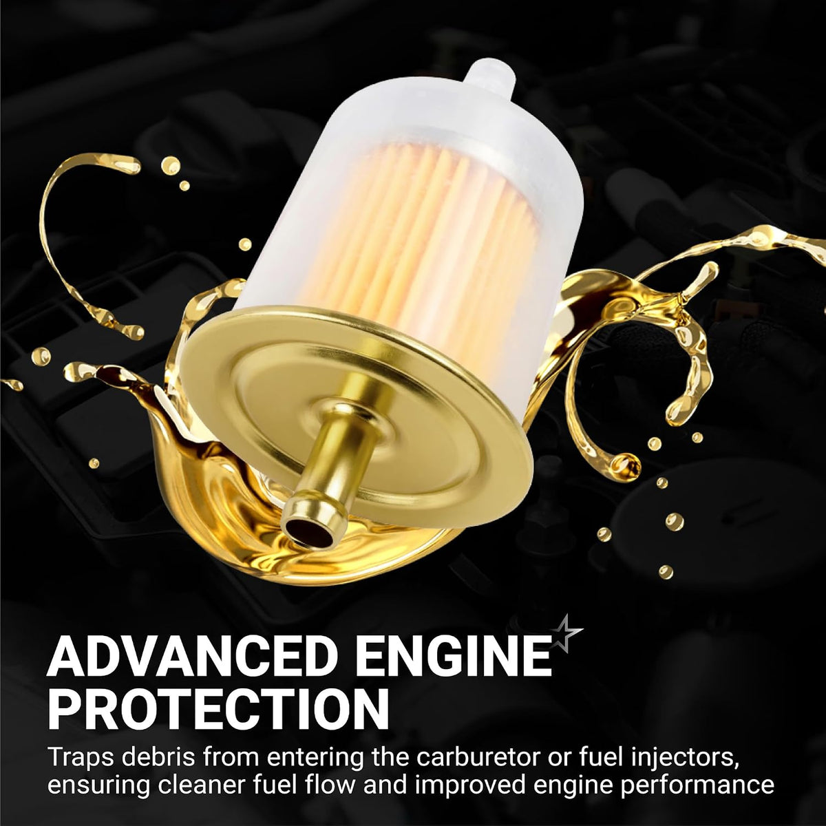 3/8" Universal Inline Fuel Filter (10-Pack), product graphic showing filter with fuel splash and engine protection text