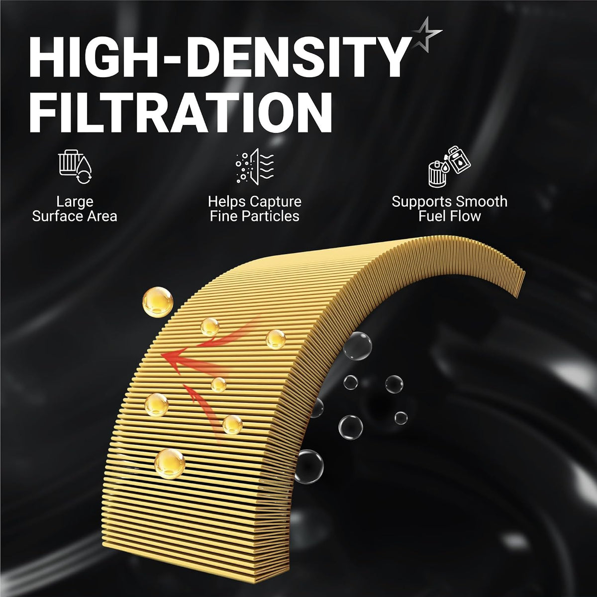 3/8" Universal Inline Fuel Filter (10-Pack) high-density filtration graphic with pleated filter and feature icons