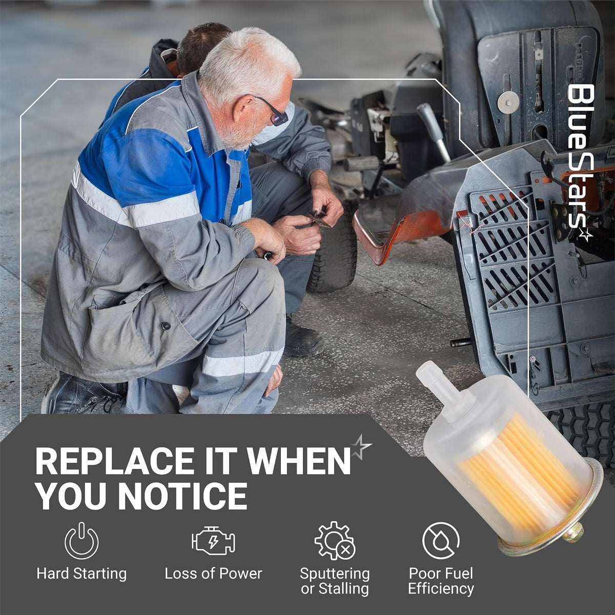 3/8" Universal Inline Fuel Filter (10-Pack), promotional graphic showing a mechanic and close-up filter with replacement warn