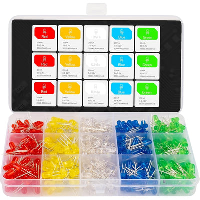 Assorted 5mm bi-pin LED light kit in a multi-compartment storage organizer box with color-coded labels.