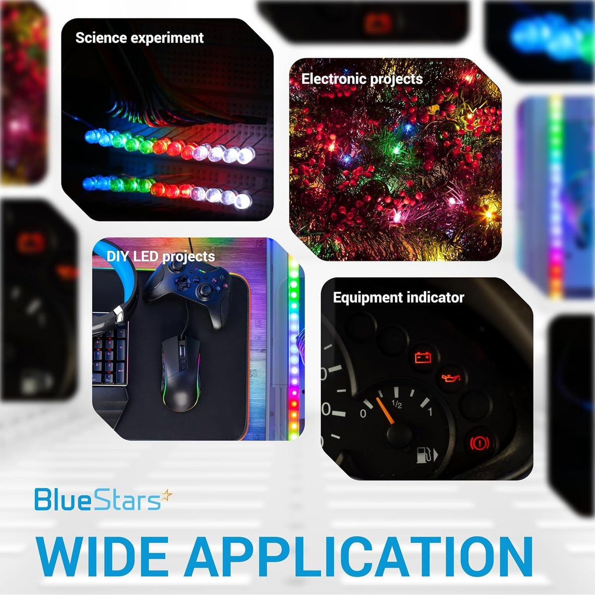 Collage showing 5mm bi-pin LED lights used in science experiments, electronic projects, DIY setups, and indicators.