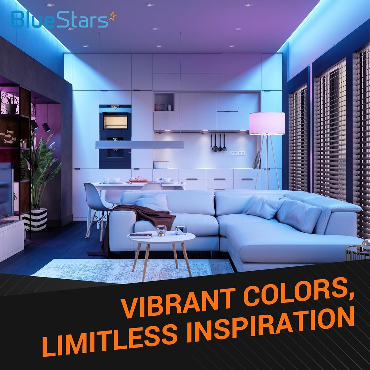 Modern living room interior illuminated with vibrant LED lighting for home decor inspiration.