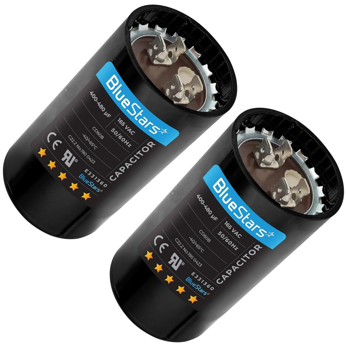 Two BlueStars 400-480 uF 165 VAC round motor start capacitors with terminal connectors.