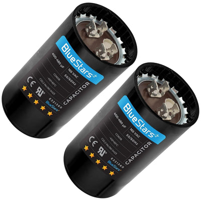 Two BlueStars 400-480 uF 165 VAC round motor start capacitors with terminal connectors.
