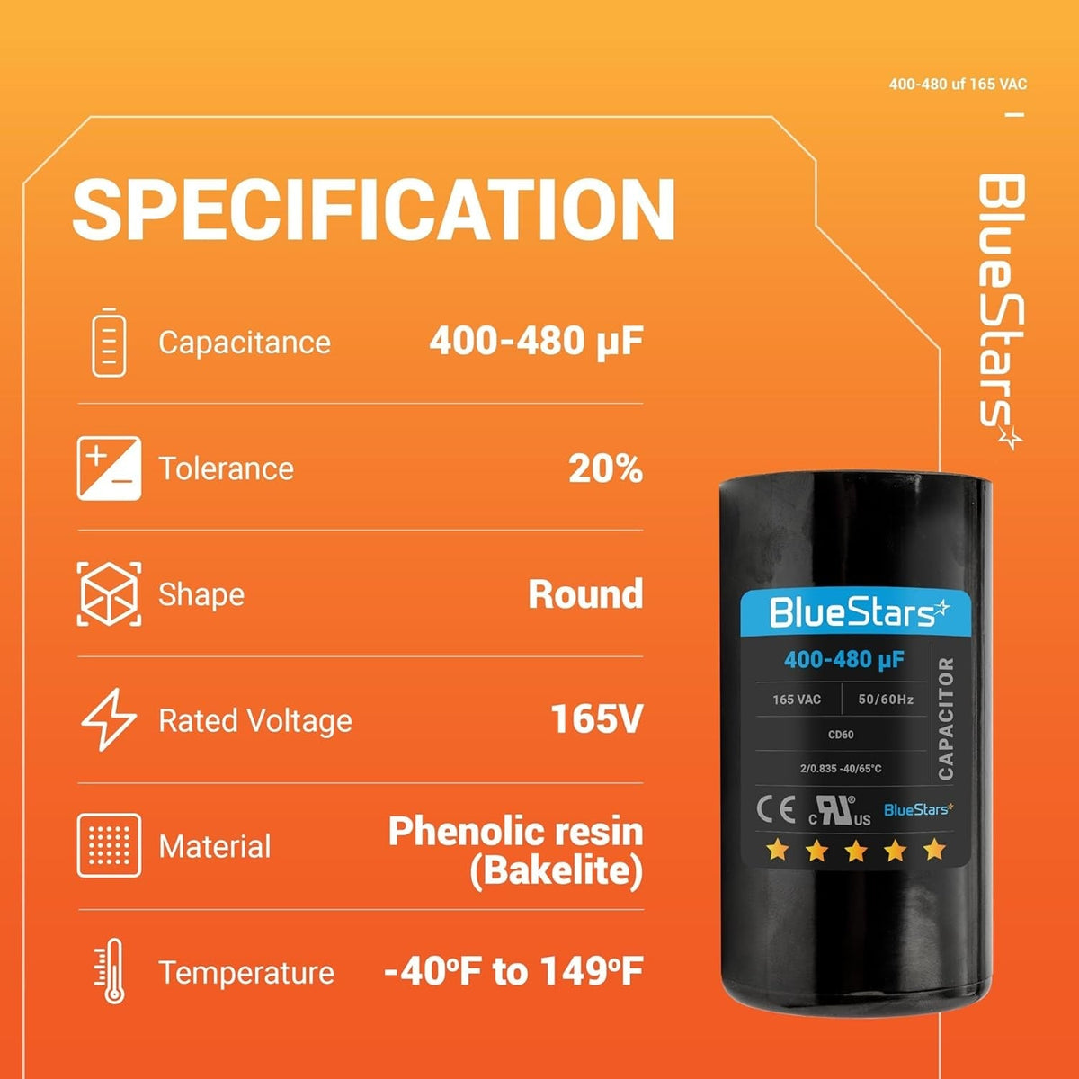 Specification chart for 400-480 uF 165 VAC CD60 round motor start capacitor with technical details.