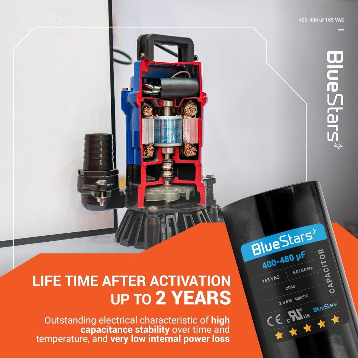 BlueStars 400-480 uF 165 VAC CD60 motor start capacitor shown with a cross-section view of an AC water pump motor.