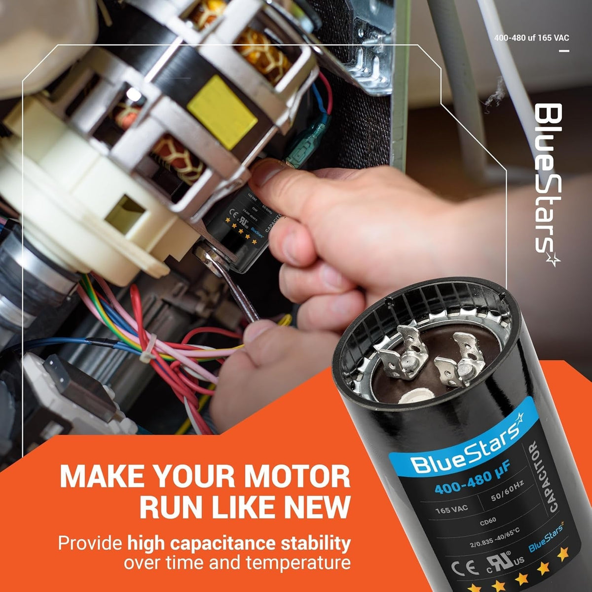 Technician installing a 400-480 uF 165 VAC CD60 round motor start capacitor into an AC motor.