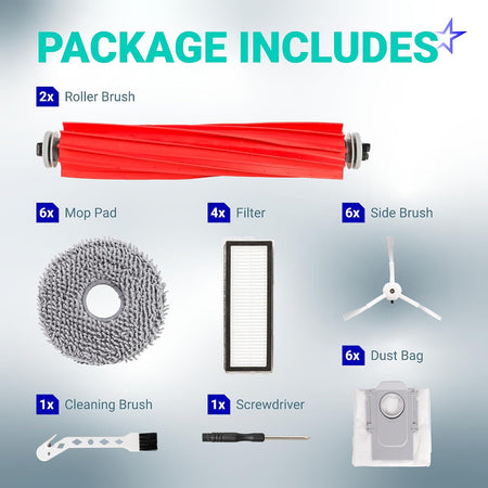 26-Pack Qrevo S Replacement Parts Kit, package includes roller brushes, mop pads, filters, side brushes, dust bags and tools