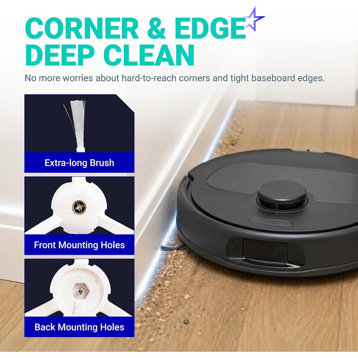 26-Pack Qrevo S Replacement Parts Kit showing Roborock vacuum cleaning a corner with extra-long brush and mounting holes