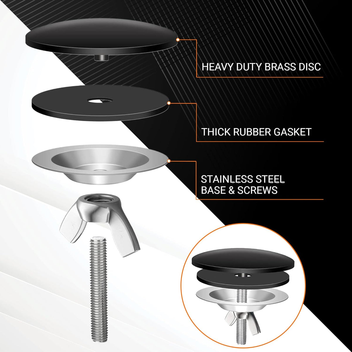 Exploded view diagram of 2-inch kitchen sinkhole cover showing brass disc, rubber gasket, and stainless steel base.