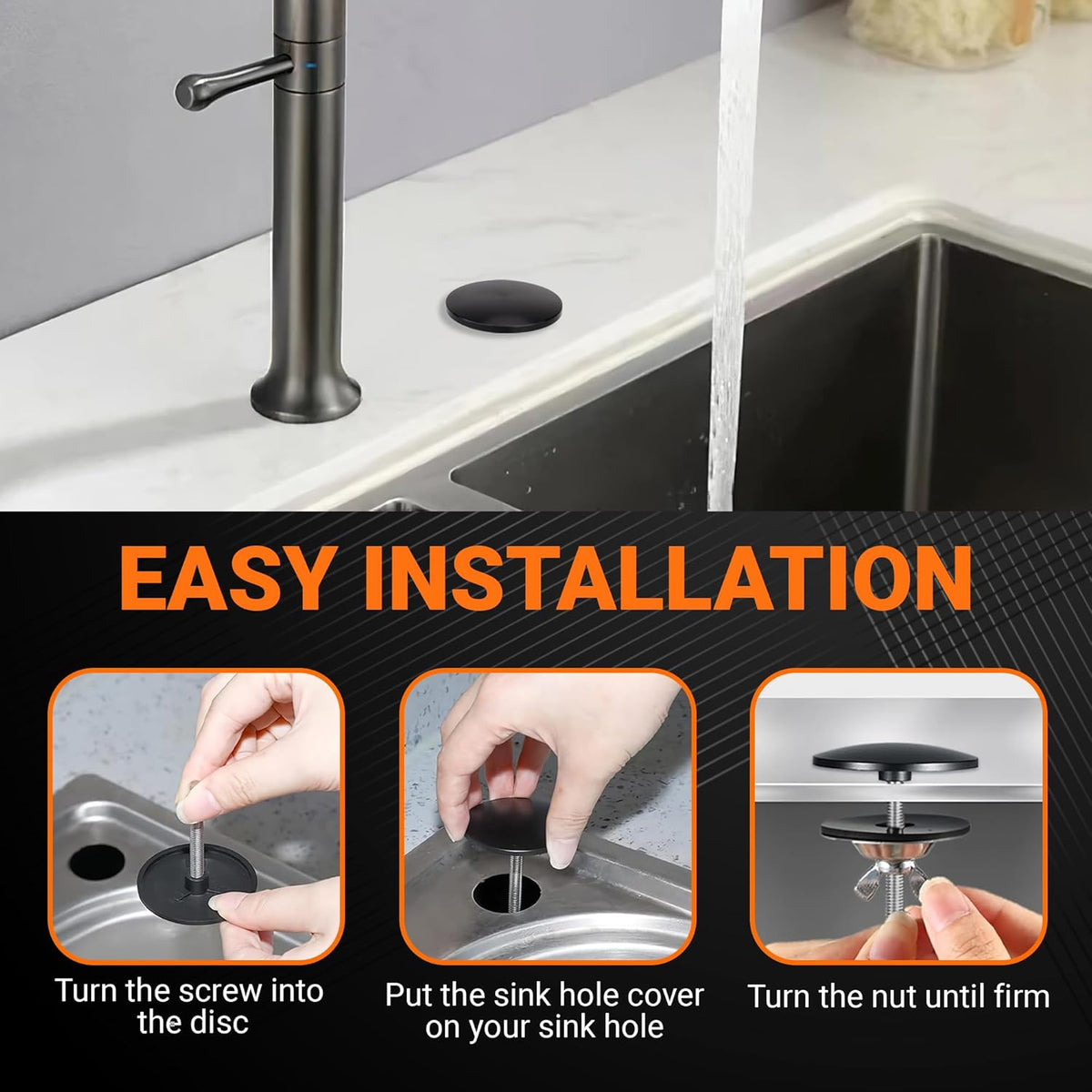 Installation guide showing steps to secure a 2-inch kitchen sinkhole cover into a countertop hole.