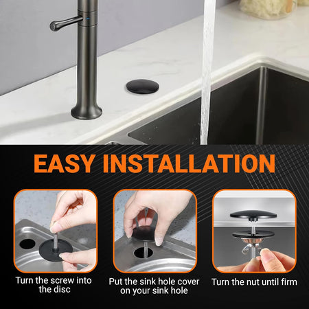 Installation guide showing steps to secure a 2-inch kitchen sinkhole cover into a countertop hole.