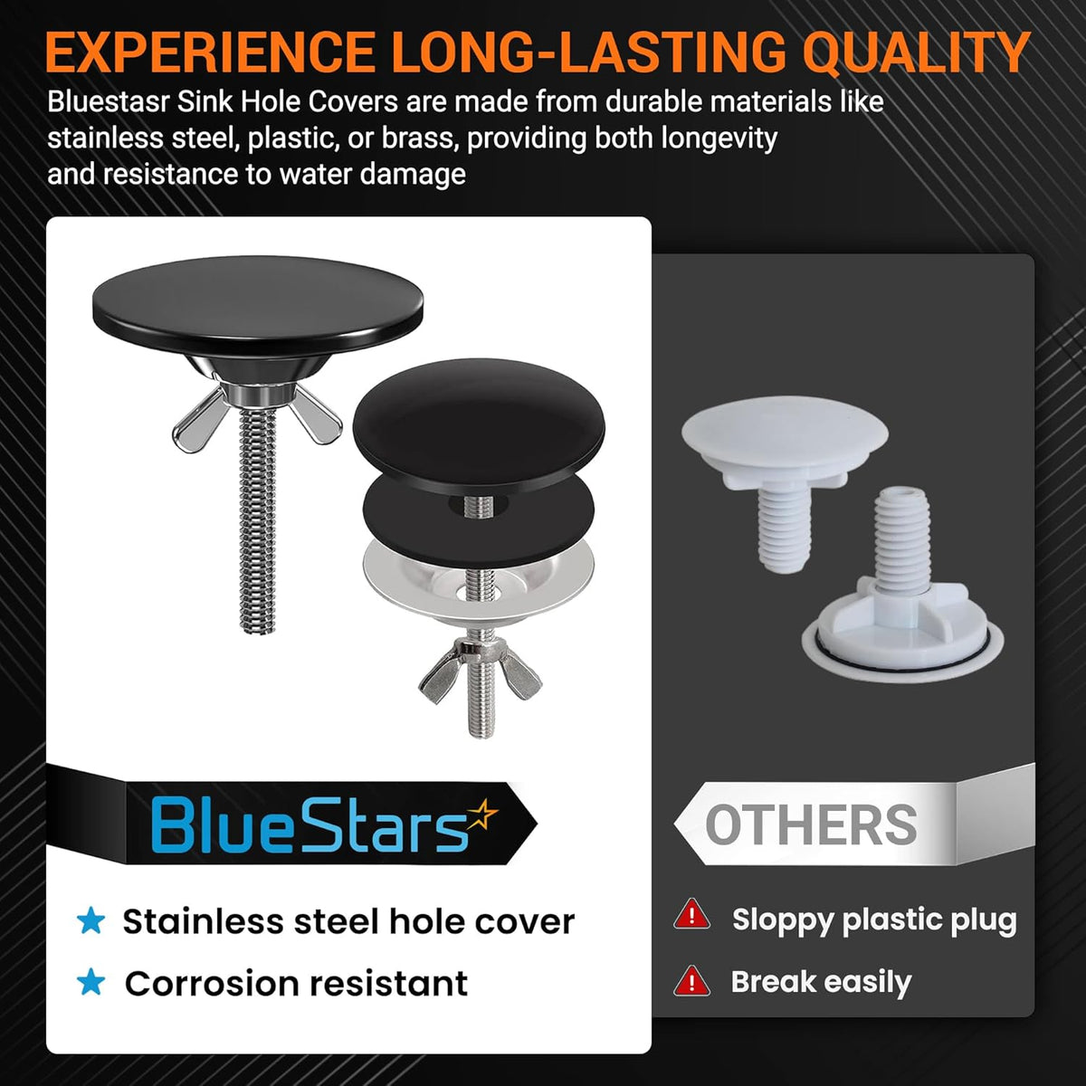 Comparison graphic showing durable 2-inch stainless steel kitchen sinkhole covers versus fragile plastic alternatives.