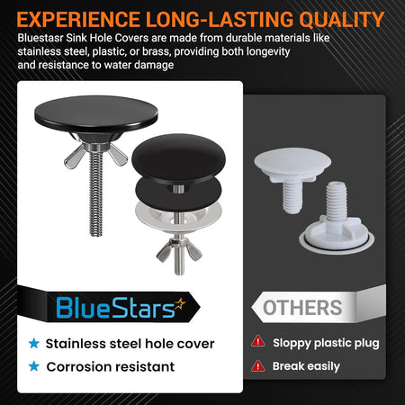 Comparison graphic showing durable 2-inch stainless steel kitchen sinkhole covers versus fragile plastic alternatives.