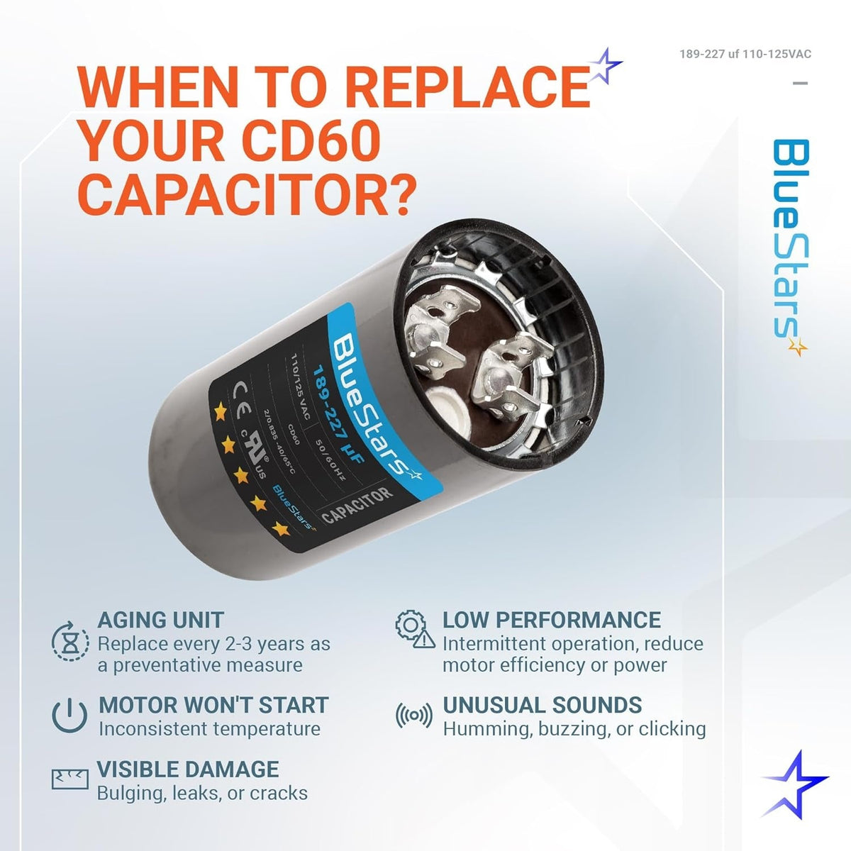 Infographic showing 189-227 uF 125 VAC round start capacitor with replacement signs for pool and well pump motors.