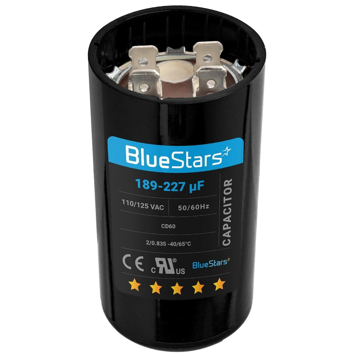 Black 189-227 uF 125 VAC round start capacitor with top terminal connectors for pool and well pumps.