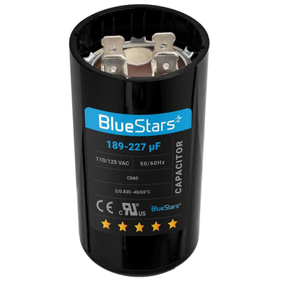 Black 189-227 uF 125 VAC round start capacitor with top terminal connectors for pool and well pumps.