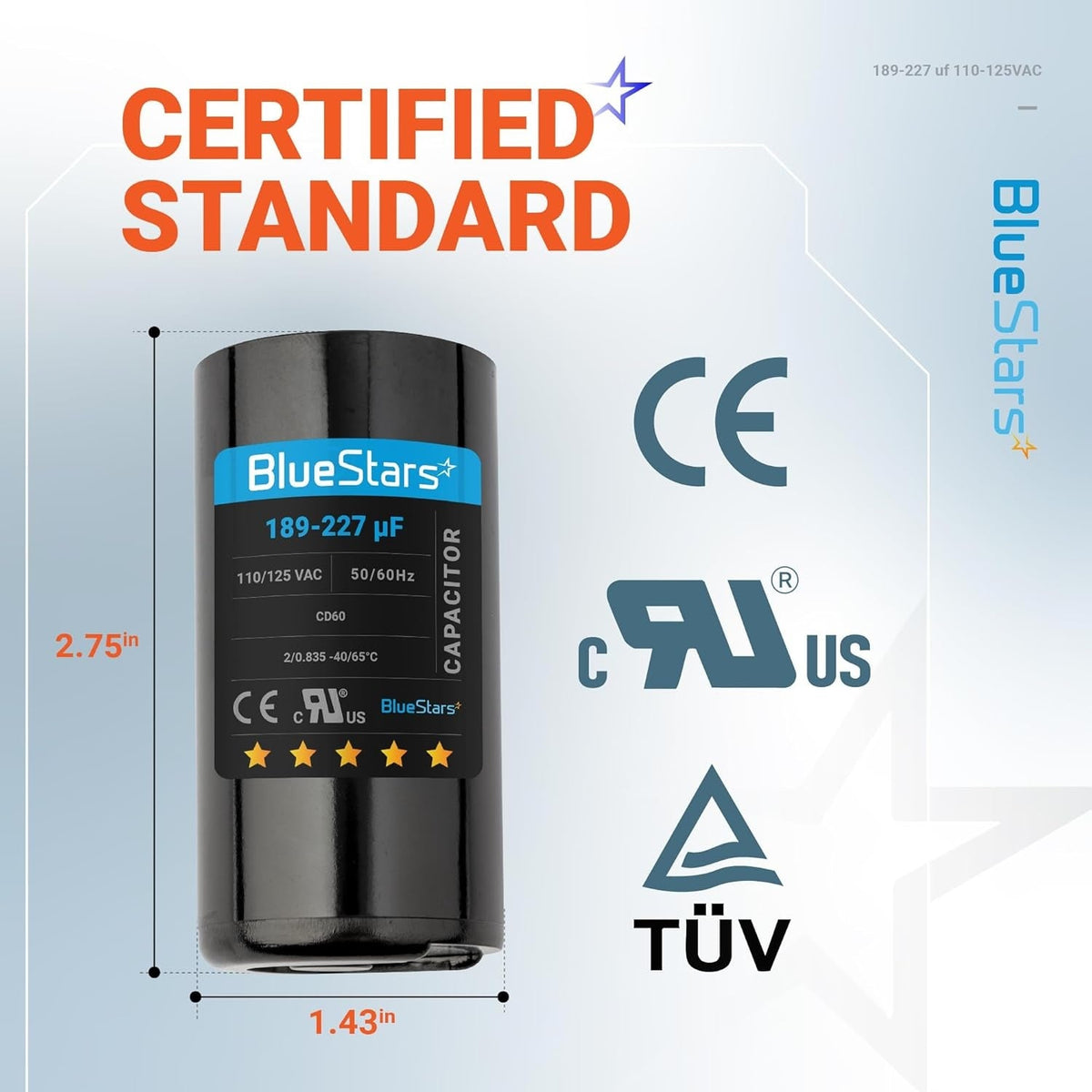 BlueStars 189-227 uF 125 VAC round start capacitor with dimensions labeled for pool and well pump compatibility.