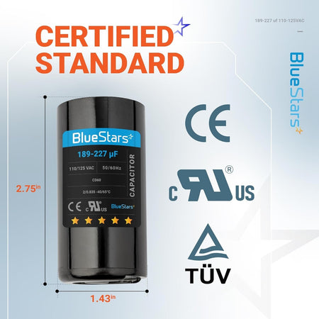 BlueStars 189-227 uF 125 VAC round start capacitor with dimensions labeled for pool and well pump compatibility.
