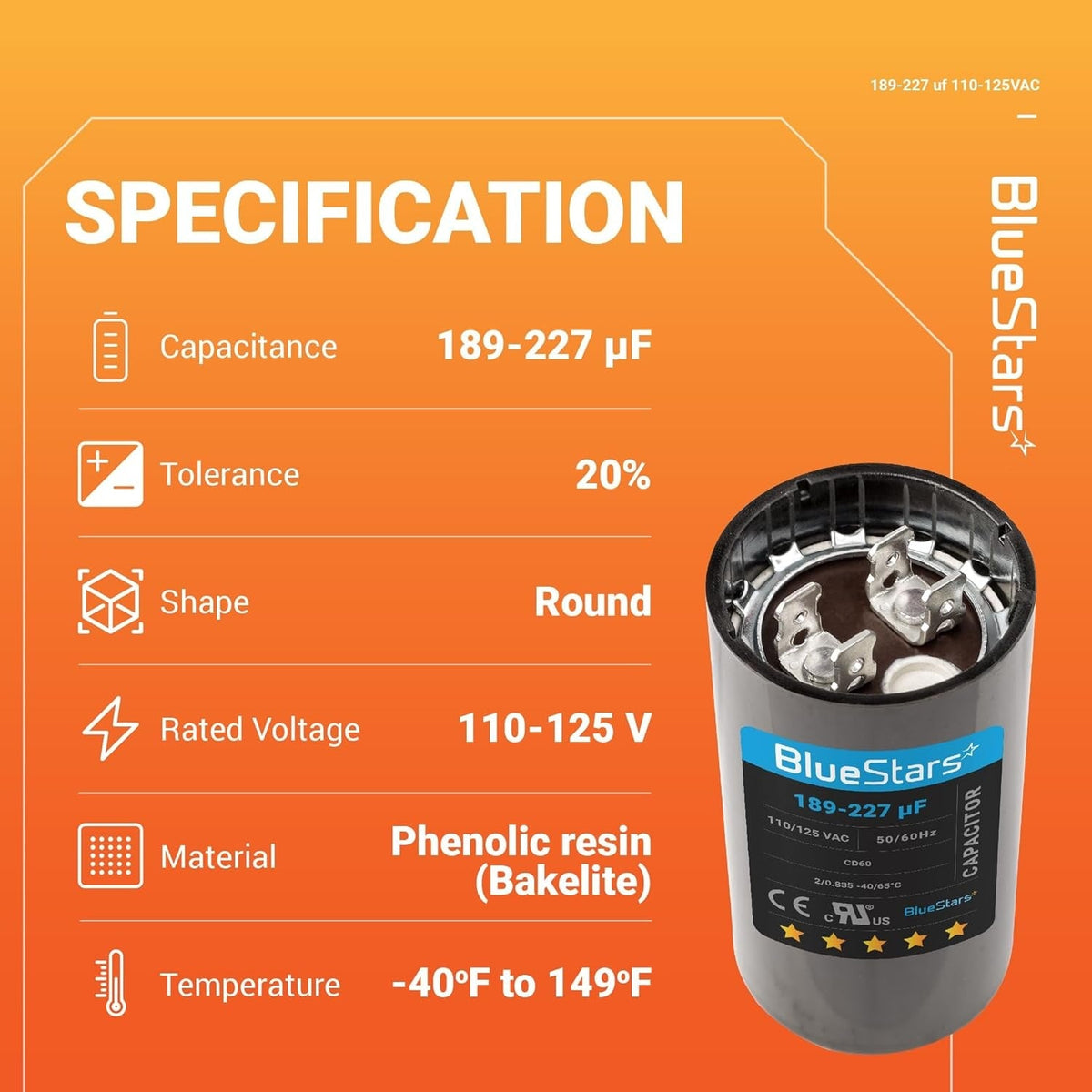 Technical specification chart for 189-227 uF 125 VAC round start capacitor for pool and well pumps.