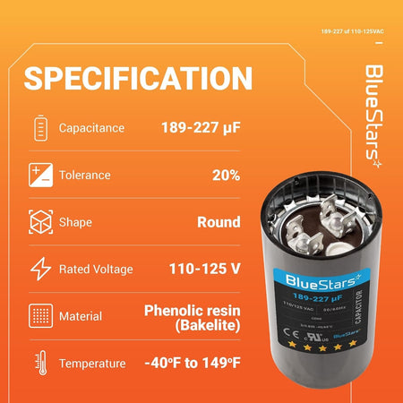 Technical specification chart for 189-227 uF 125 VAC round start capacitor for pool and well pumps.