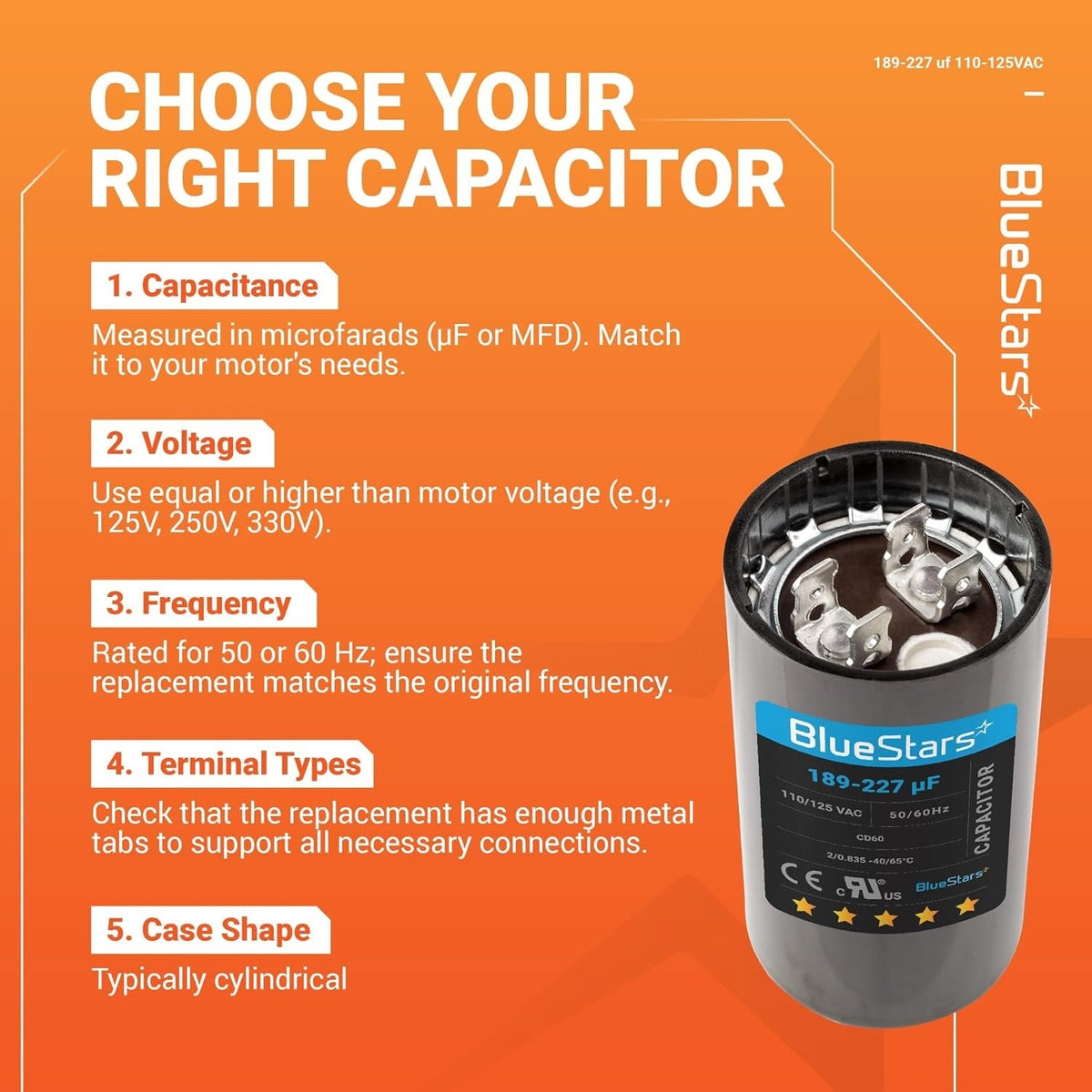 Infographic showing how to choose a 189-227 uF 125 VAC CBB60 round start capacitor for pool and well pump motors.
